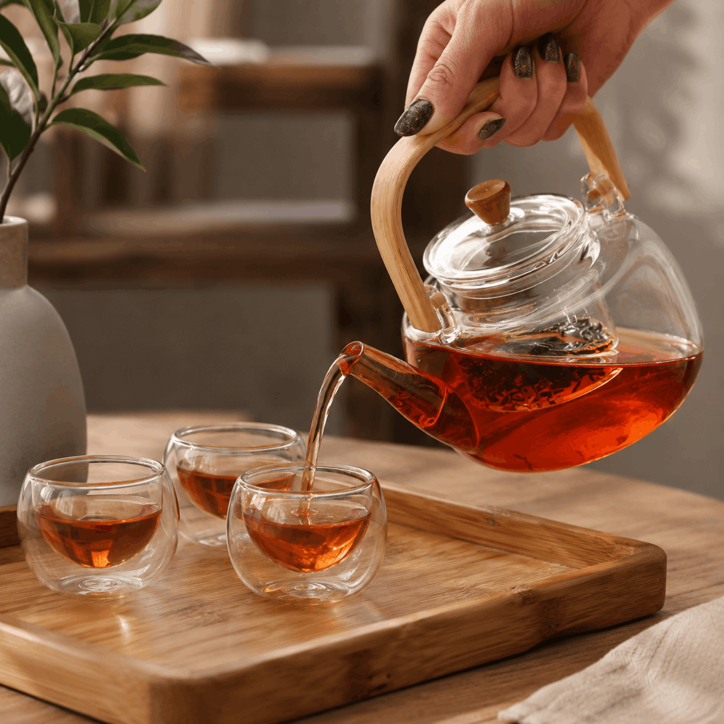 Transparante glazen theepot met bamboe handvat schenkt thee in glazen kopjes op een houten dienblad.