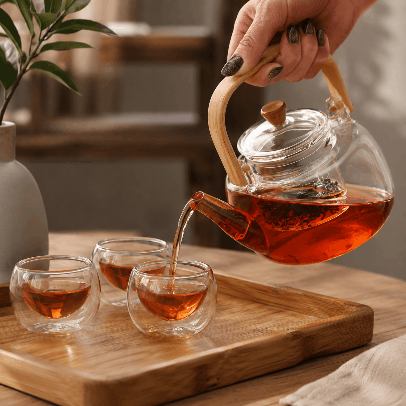 Transparante glazen theepot met bamboe handvat schenkt thee in glazen kopjes op een houten dienblad.