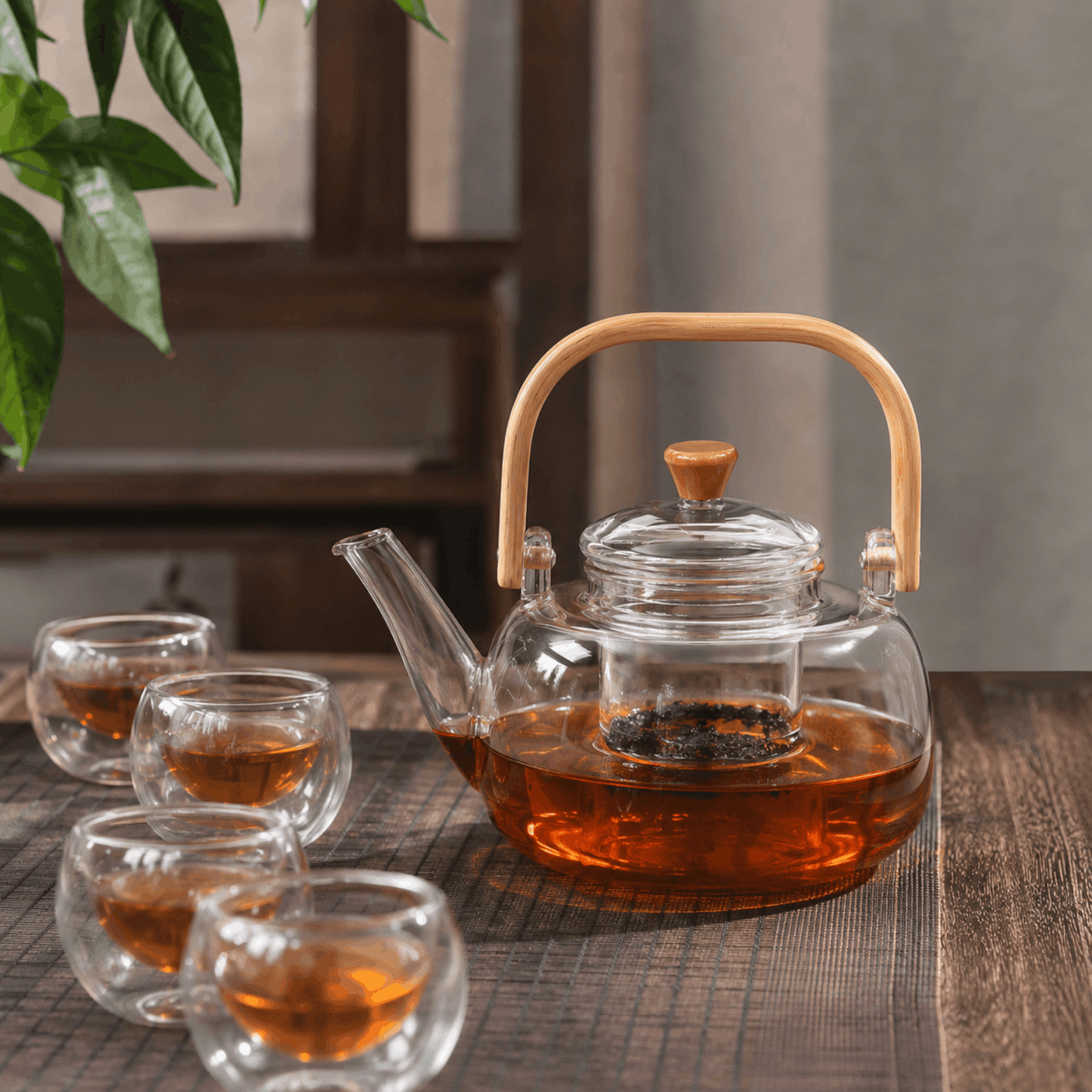 Transparante glazen theepot met bamboe handvat en theekopjes op een houten tafel.