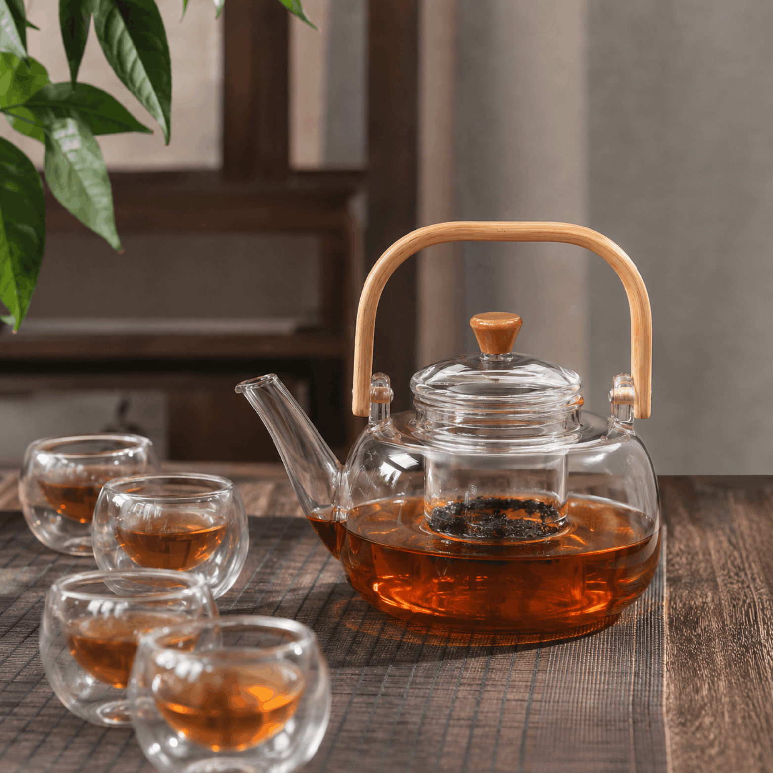 Transparante glazen theepot met bamboe handvat en theekopjes op een houten tafel.