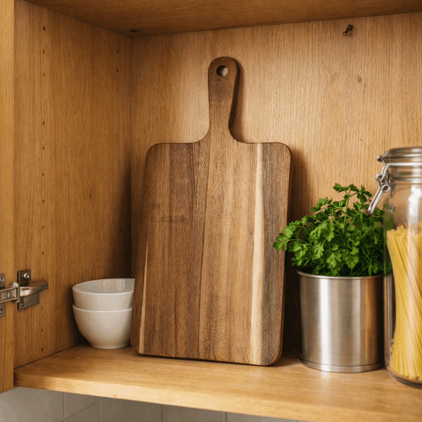 Houten snijplank met handvat, rechtop geplaatst in een keukenkast naast potten en keukengerei.