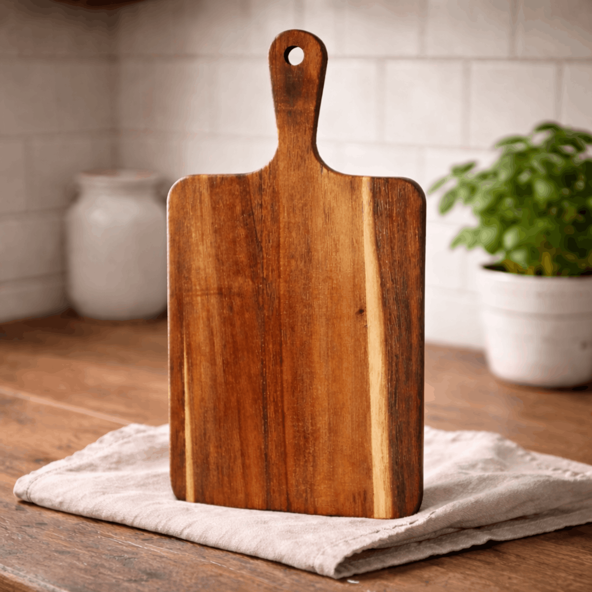 Rechthoekige houten snijplank met handvat en ophanggat, geplaatst op een doek op een houten keukenblad.