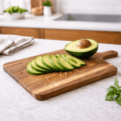 Houten snijplank met handvat, geschikt voor het snijden en serveren van ingrediënten in de keuken.