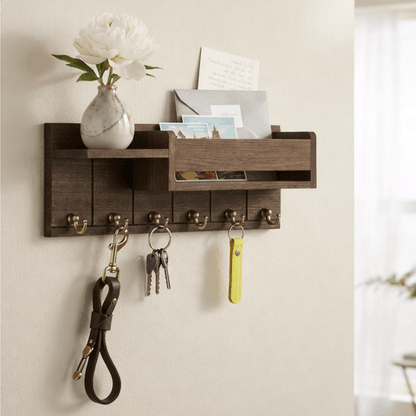 Houten wandrek met sleutelhaken en opbergvak voor post en sleutels, gemonteerd aan een lichte muur.
