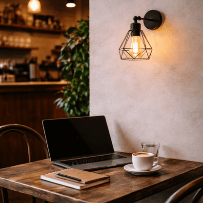 Industriële wandlamp met metalen kooi en warm licht, gemonteerd boven een tafel met laptop en kop koffie in een sfeervolle ruimte.