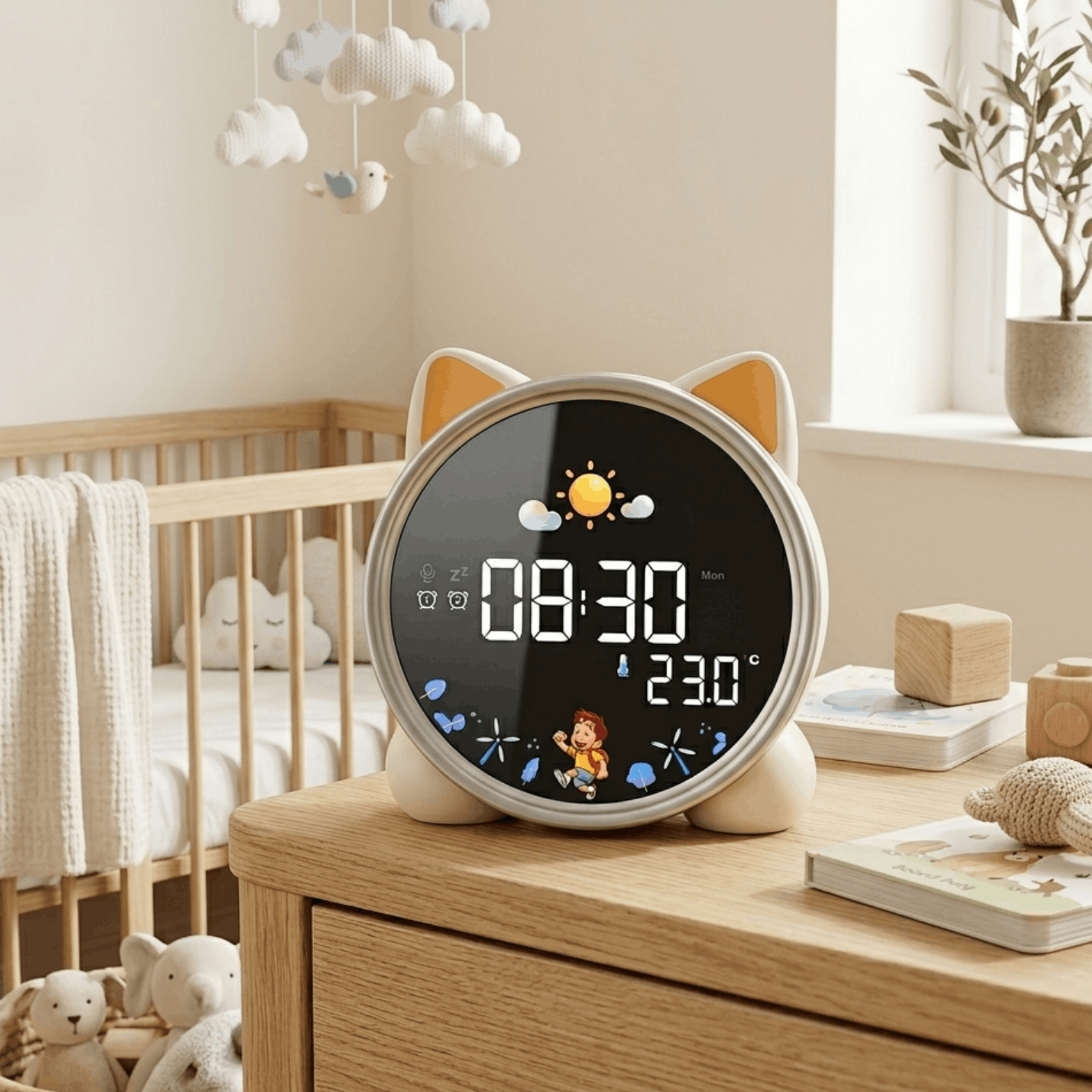 Katvormige kinderwekker met digitaal display voor tijd, temperatuur en weer in een kinderkamer.