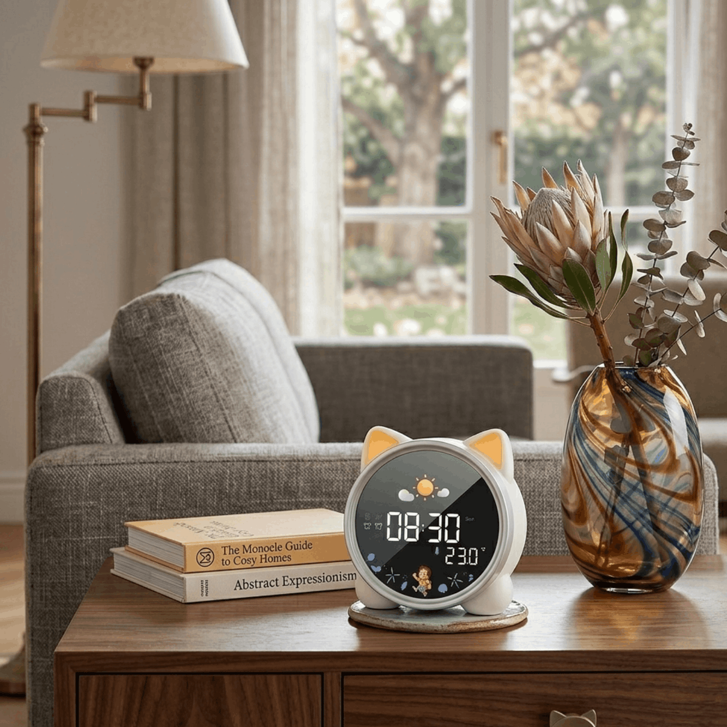 Katvormige kinderwekker met digitaal display op een houten bijzettafel in de woonkamer.