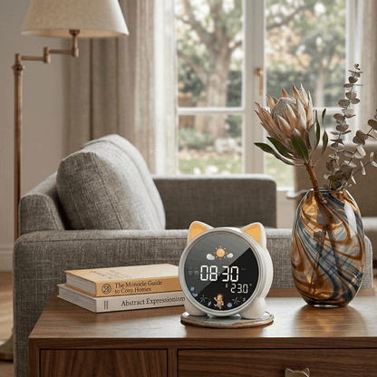 Katvormige kinderwekker met digitaal display op een houten bijzettafel in de woonkamer.