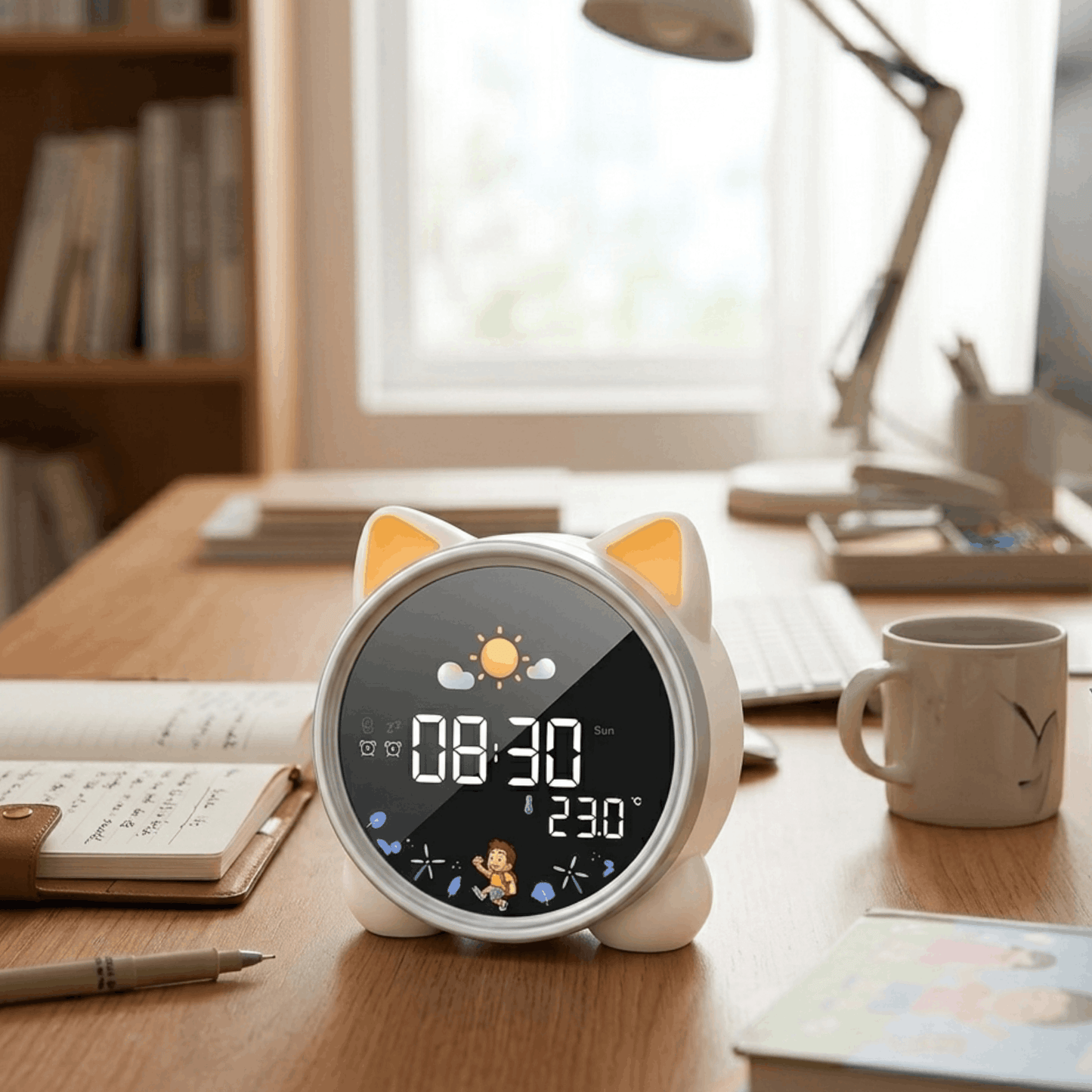 Katvormige kinderwekker met digitaal display op een houten bureau naast een notitieboek en mok.