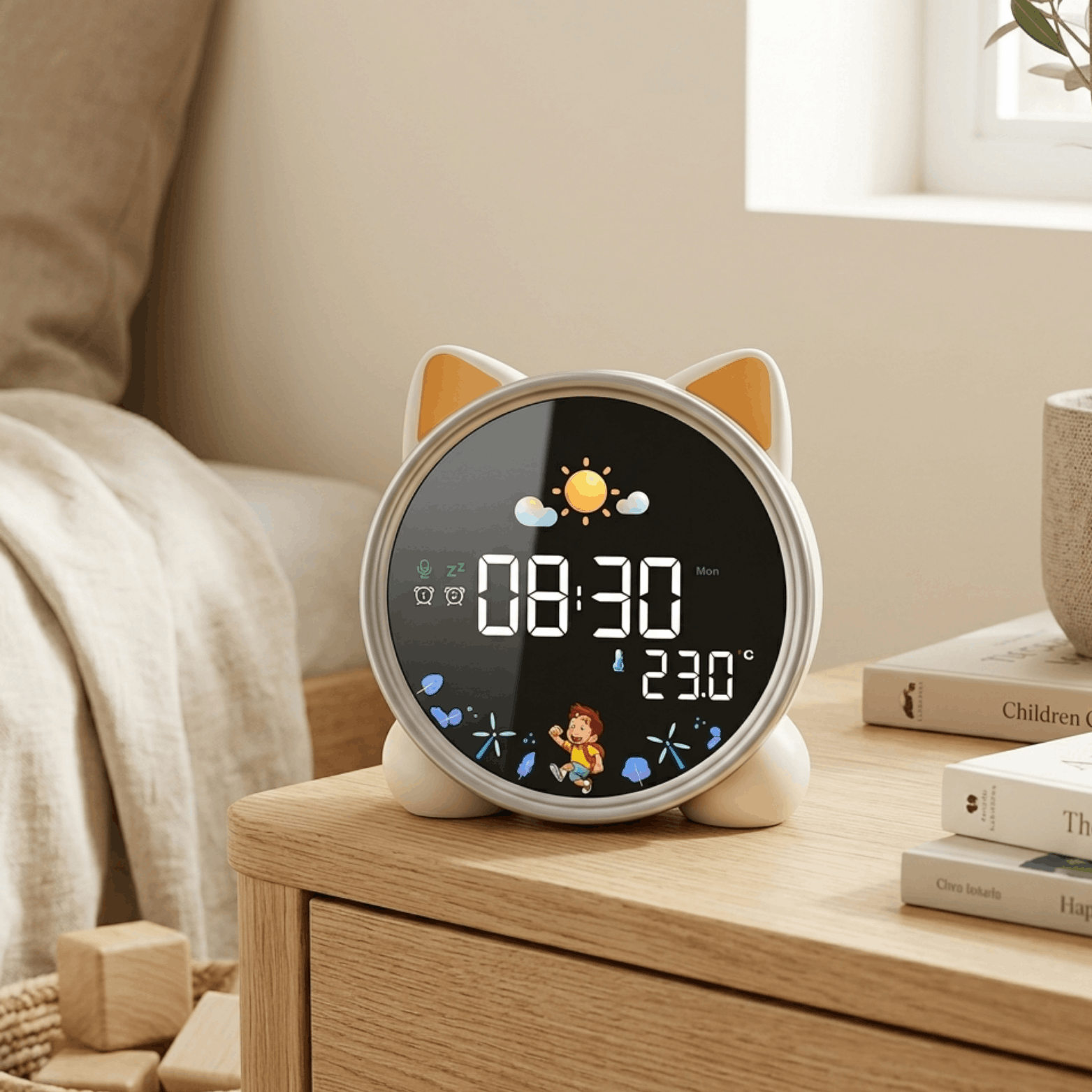 Katvormige kinderwekker met digitaal display op houten nachtkastje naast een bed.