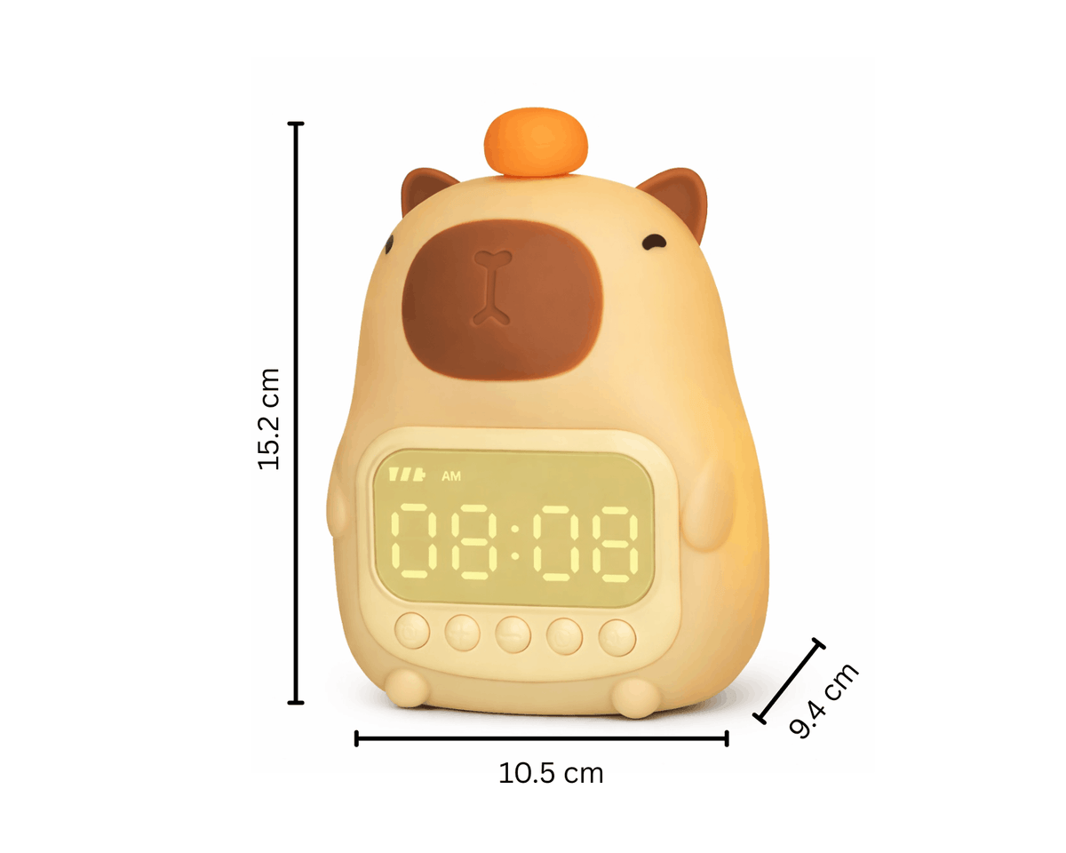 Kinderwekker in de vorm van een beer met zacht licht en digitaal display, 15,2 cm hoog en geschikt voor op een nachtkastje.