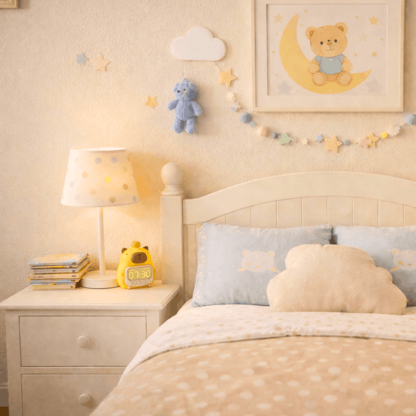 Kinderwekker in de vorm van een beer met digitaal display, geplaatst op een nachtkastje naast een bed in een kinderkamer.