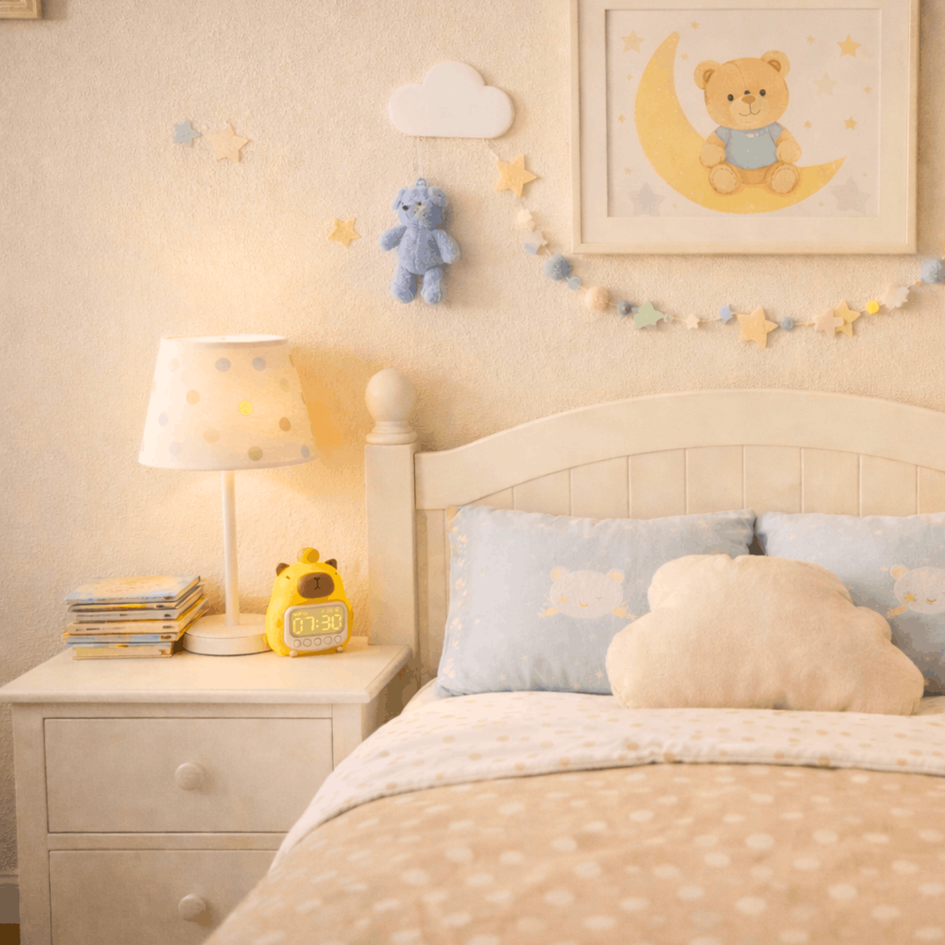 Kinderwekker in de vorm van een beer met digitaal display, geplaatst op een nachtkastje naast een bed in een kinderkamer.