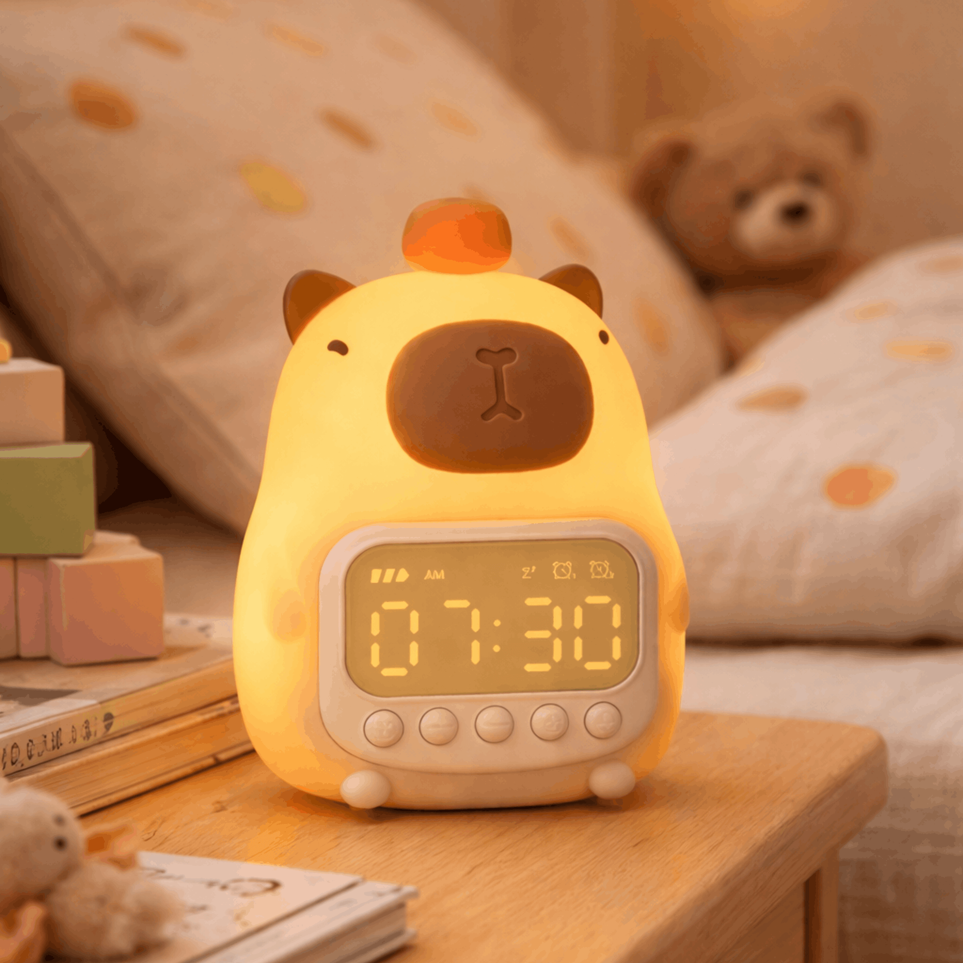 Schattige kinderwekker in de vorm van een beer met zacht licht en digitaal display, geplaatst op een nachtkastje in een kinderkamer.