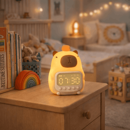 Kinderwekker in de vorm van een beer met zacht licht en digitaal display, geplaatst op een nachtkastje in een gezellige kinderkamer.
