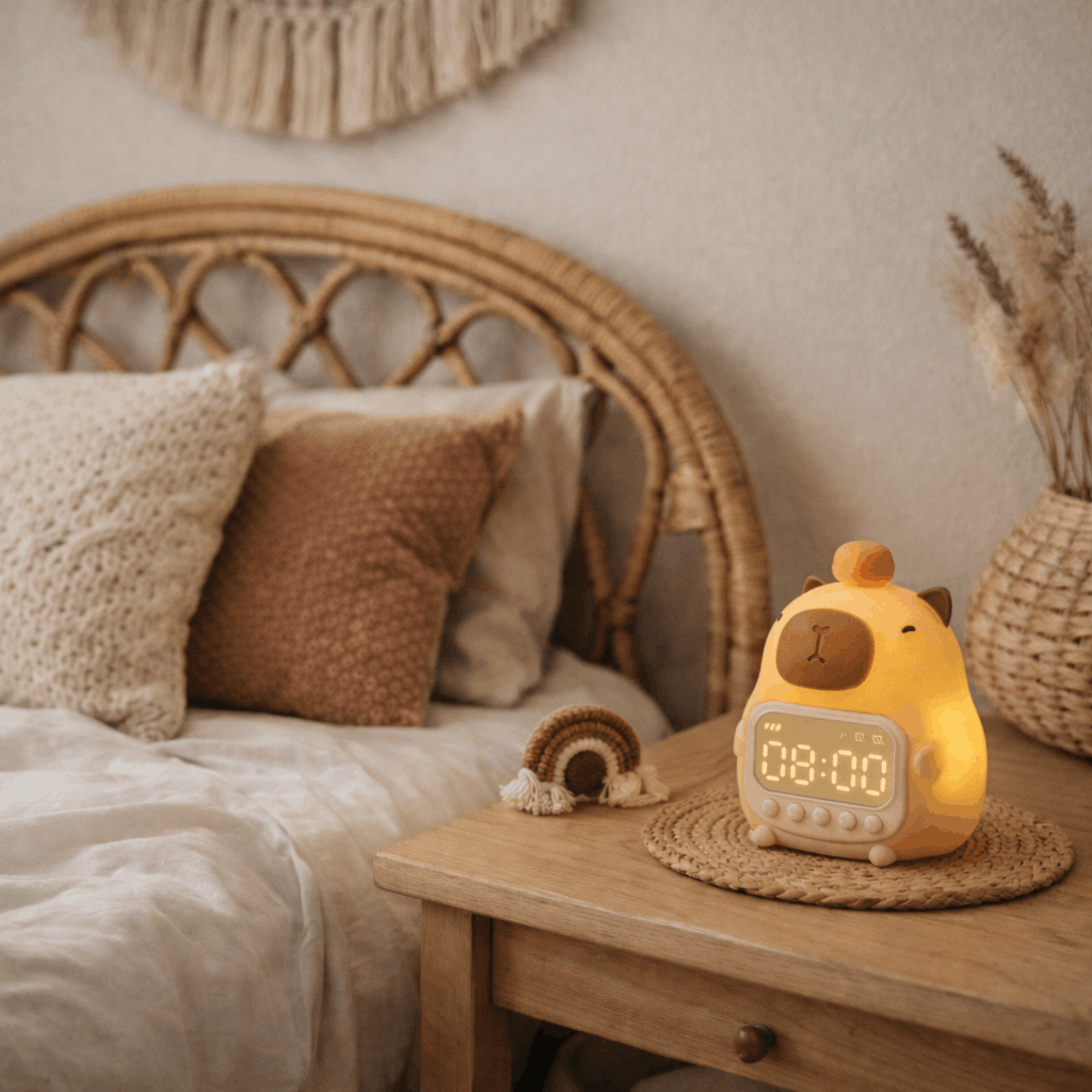 Kinderwekker in de vorm van een beer met zacht licht en digitaal display, geplaatst op een nachtkastje naast een bed.