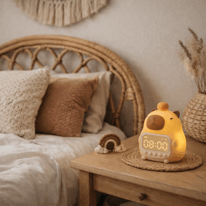 Kinderwekker in de vorm van een beer met zacht licht en digitaal display, geplaatst op een nachtkastje naast een bed.