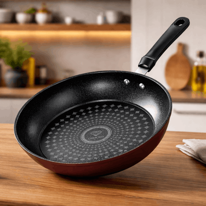 Rode koekenpan met antiaanbaklaag en patroon op de bodem, geplaatst op een houten aanrecht in een moderne keuken.