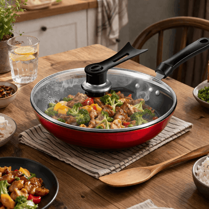 Koekenpan met glazen deksel en groenten, geplaatst op een tafel met stoom zichtbaar tijdens het koken.
