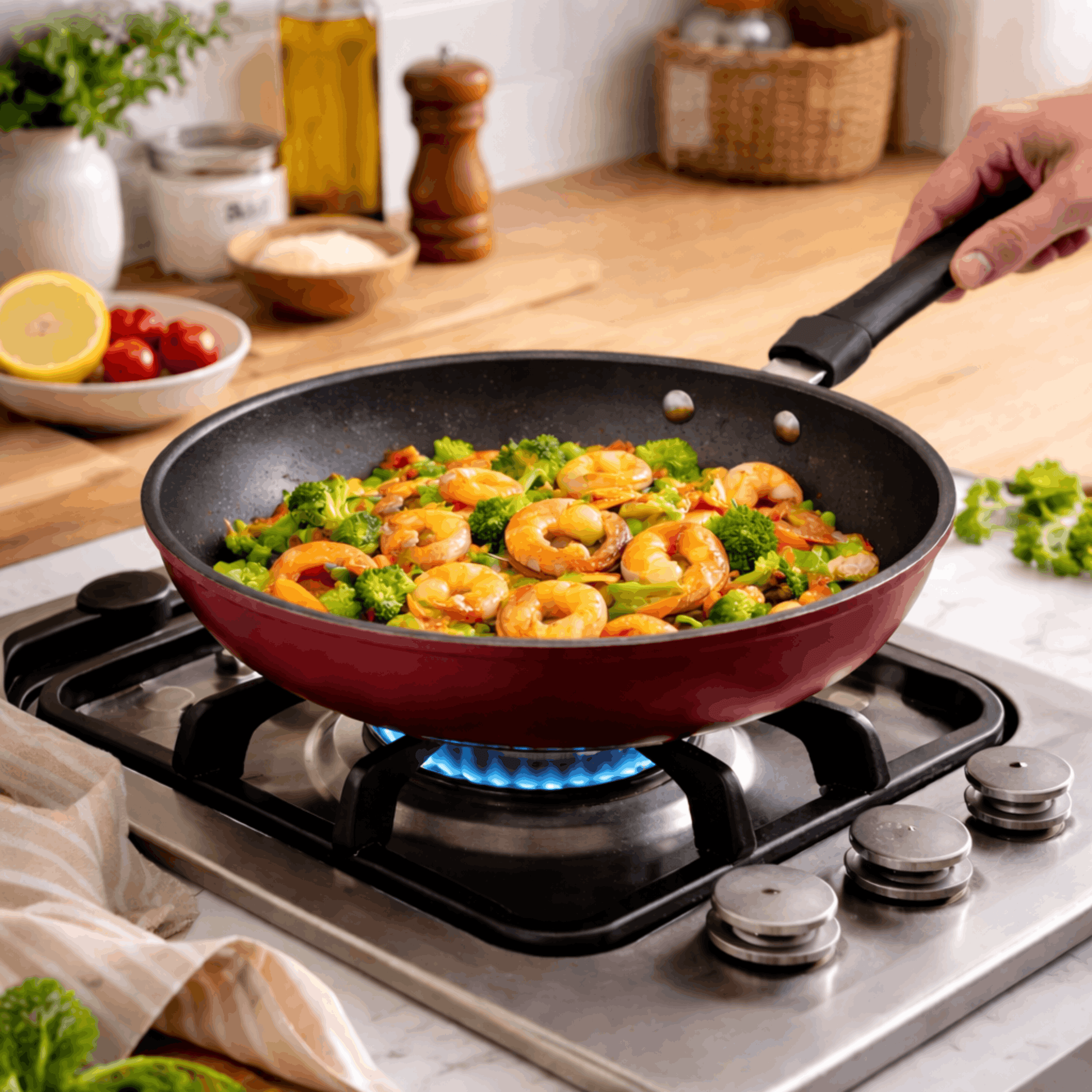 Koekenpan met garnalen en broccoli op een gasfornuis, zichtbaar in gebruik tijdens het koken met een brandende vlam.