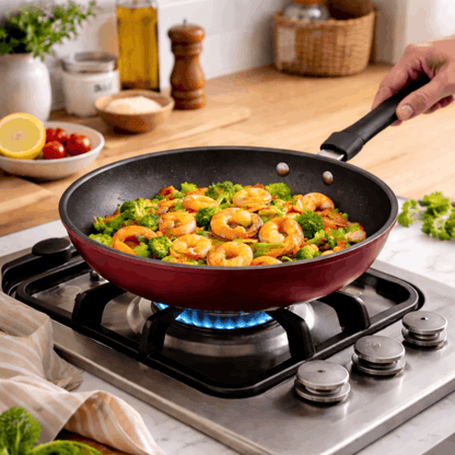 Koekenpan met garnalen en broccoli op een gasfornuis, zichtbaar in gebruik tijdens het koken met een brandende vlam.