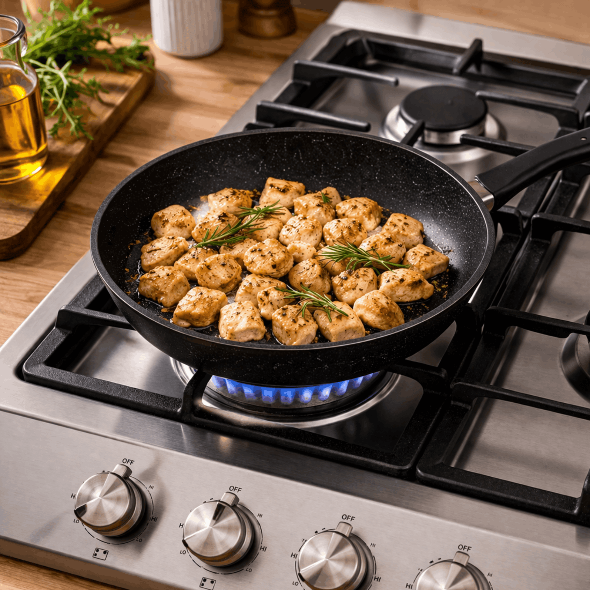 Zwarte koekenpan gevuld met kip, broccoli en groenten, geplaatst op een houten aanrecht tijdens het koken.