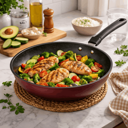 Koekenpan met gegrilde kip en groenten zoals broccoli en tomaat, geplaatst op een aanrecht met ingrediënten eromheen.