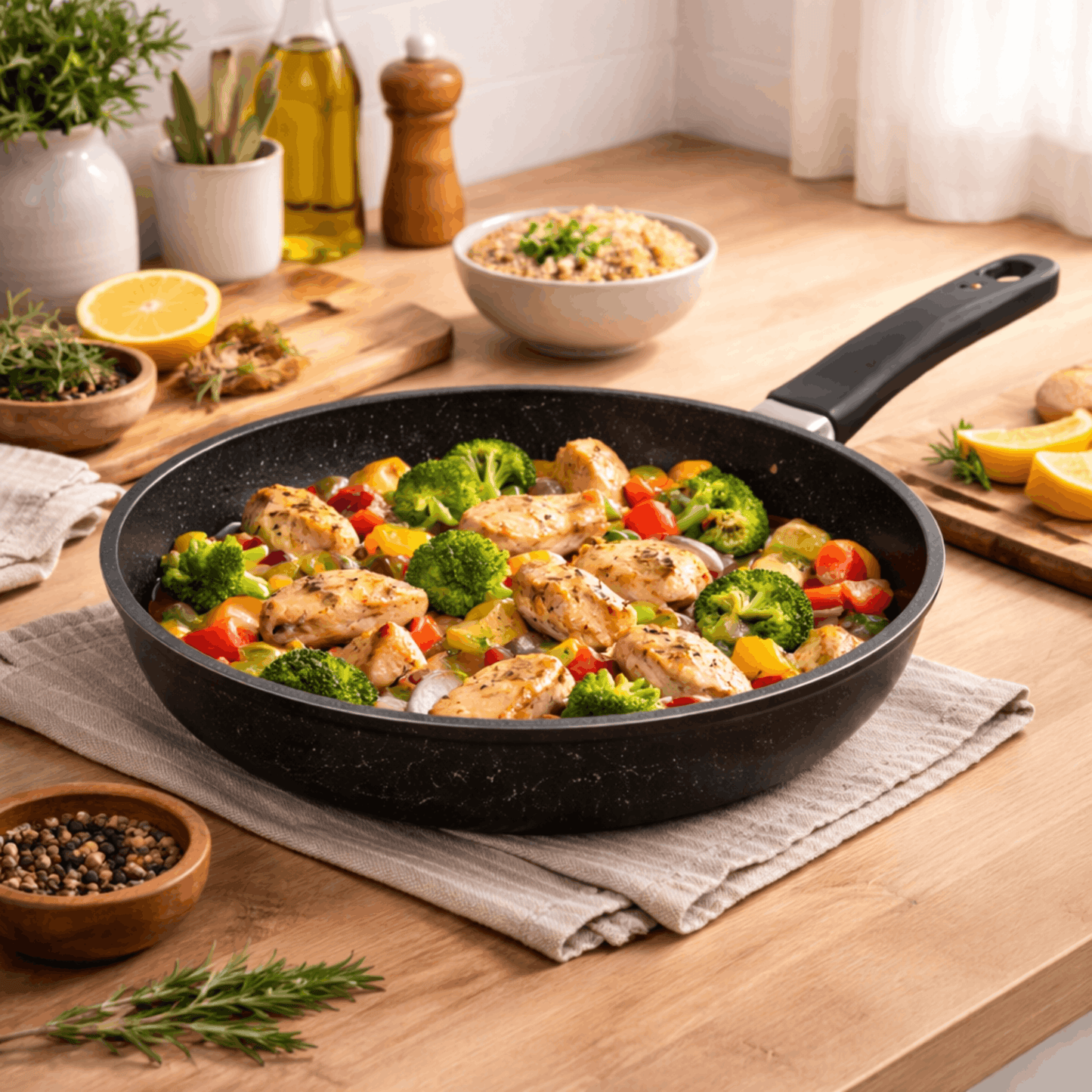 Zwarte koekenpan met stukjes kip op een gasfornuis, zichtbaar in gebruik tijdens het koken op een brandende pit.