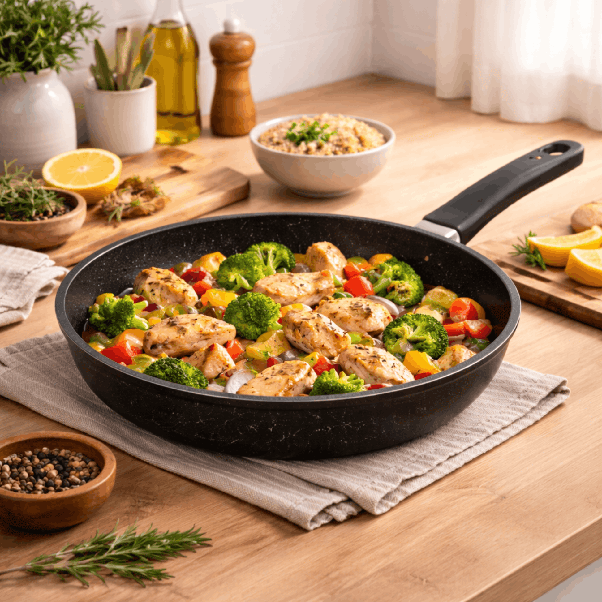 Zwarte koekenpan met stukjes kip op een gasfornuis, zichtbaar in gebruik tijdens het koken op een brandende pit.