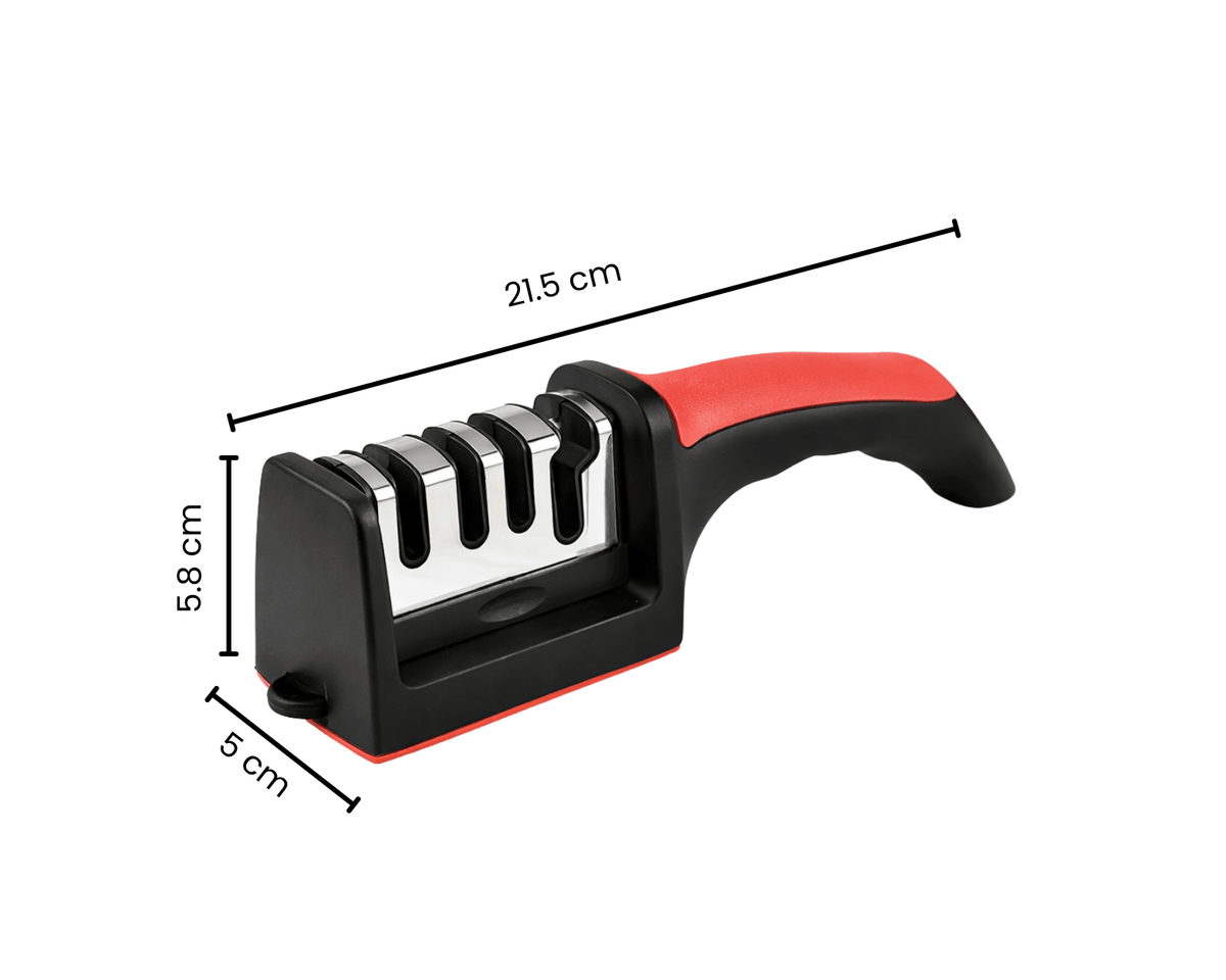 Handmatige messenslijper van 21,5 cm met vier slijpsleuven en ergonomische handgreep, geschikt voor het slijpen van keukenmessen.