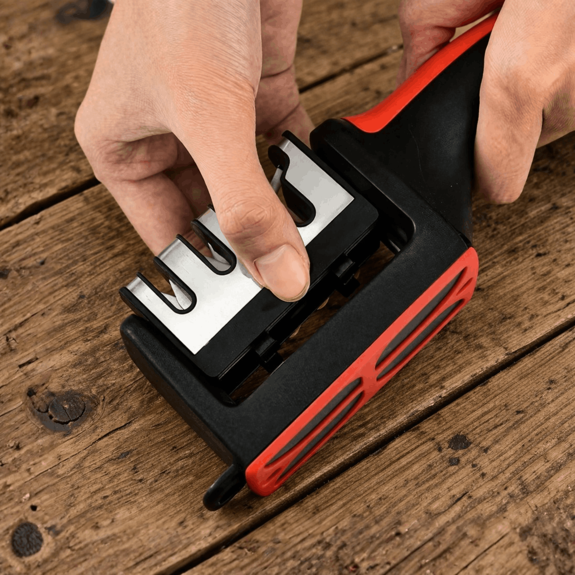 Handmatige messenslijper met uitneembare slijpelementen en ergonomische handgreep, getoond tijdens gebruik op een houten oppervlak.