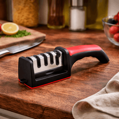 Handmatige messenslijper met ergonomische handgreep en antislip basis, geplaatst op een houten aanrecht voor het slijpen van keukenmessen.