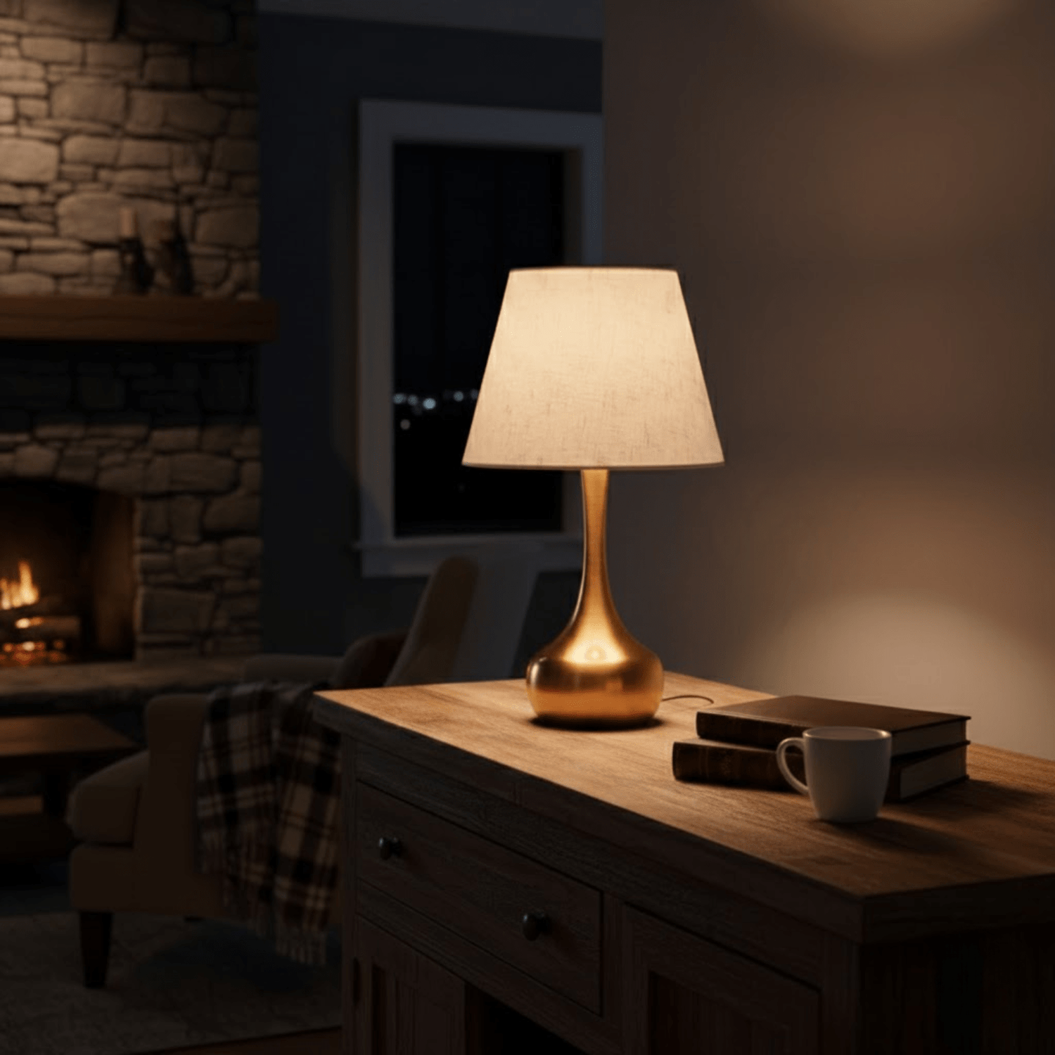 Messing tafellamp met stoffen kap op houten dressoir, verlicht sfeervol een warme woonkamer in de avond.