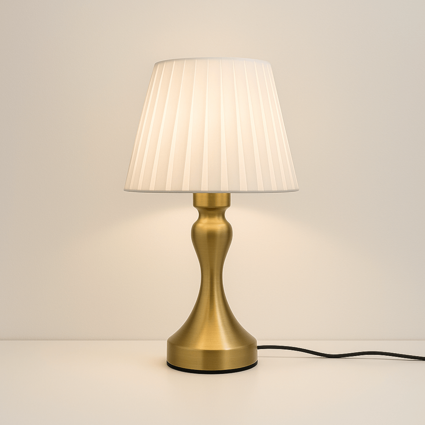 Messing tafellamp met witte geplooide kap, straalt zacht licht uit en past perfect in een klassiek interieur.