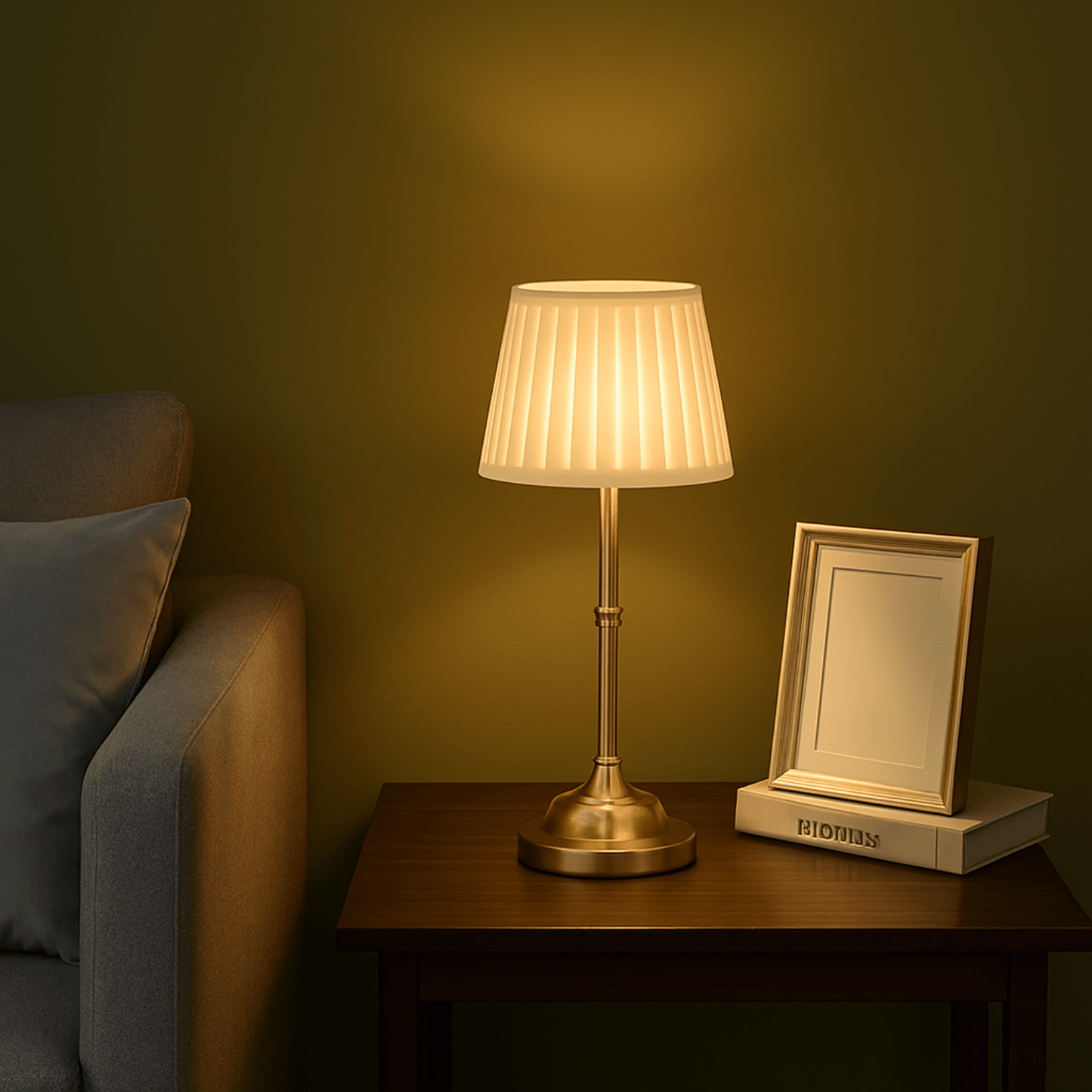 Messing tafellamp met witte geplooide kap op houten bijzettafel, zorgt voor warm licht naast grijze bank.