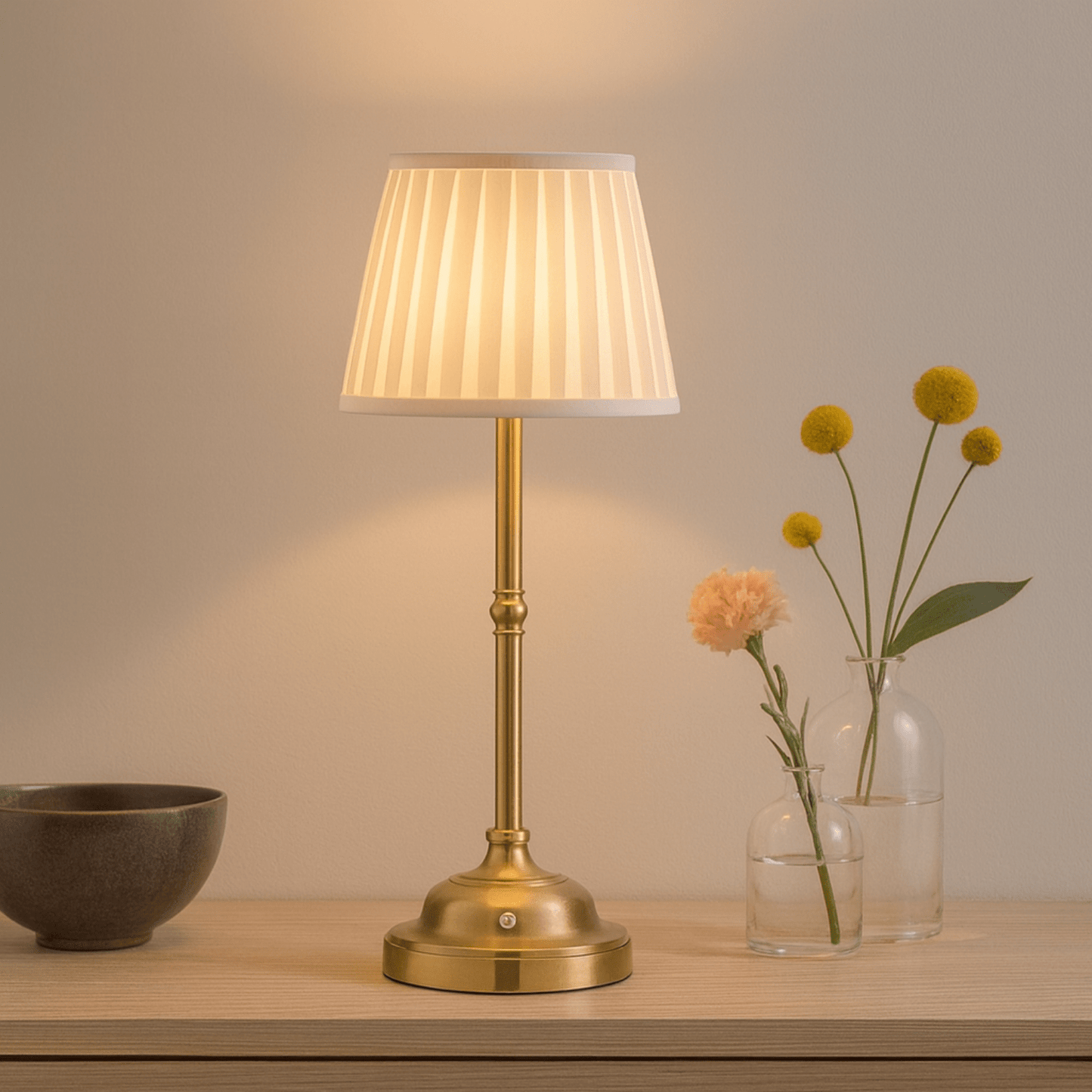 Messing tafellamp met witte plissé kap op houten tafel, verspreidt warm licht naast glazen vaasjes met bloemen.