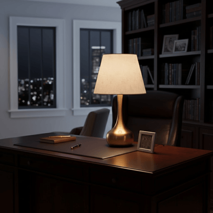 Messing tafellamp met beige kap op luxe directiebureau, zorgt voor warme verlichting in kantoor bij nacht.