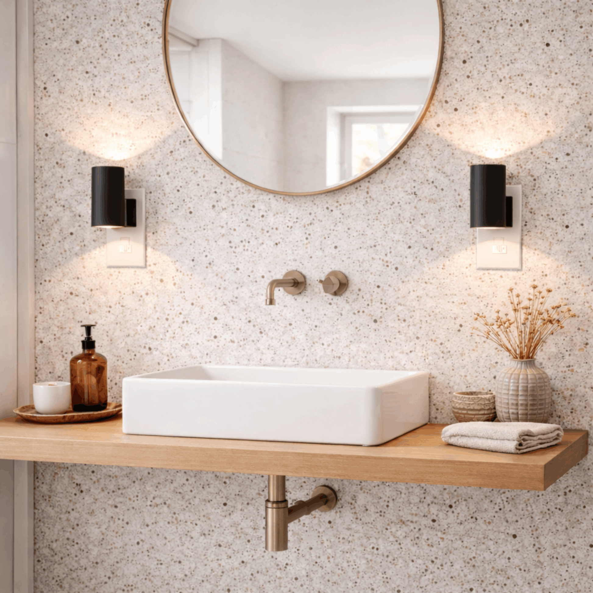 Moderne zwarte wandlamp met warm licht, gemonteerd aan de muur naast een wastafel en spiegel in een stijlvolle badkamer.