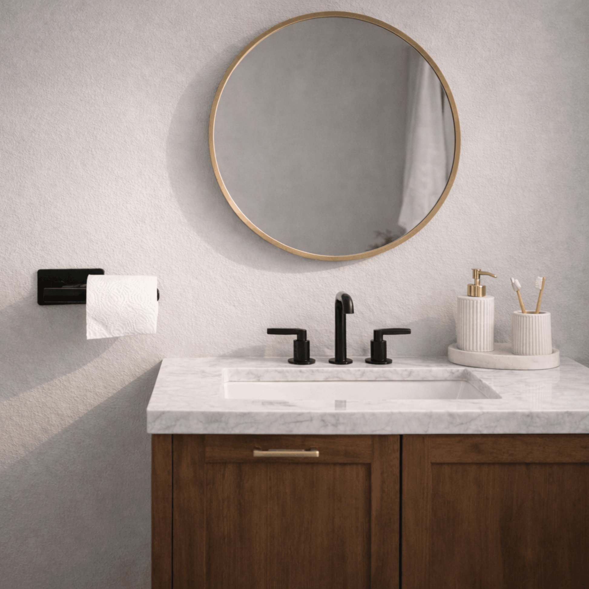 Zwarte wandgemonteerde toiletrolhouder naast een wastafel met ronde spiegel in een moderne badkamer.