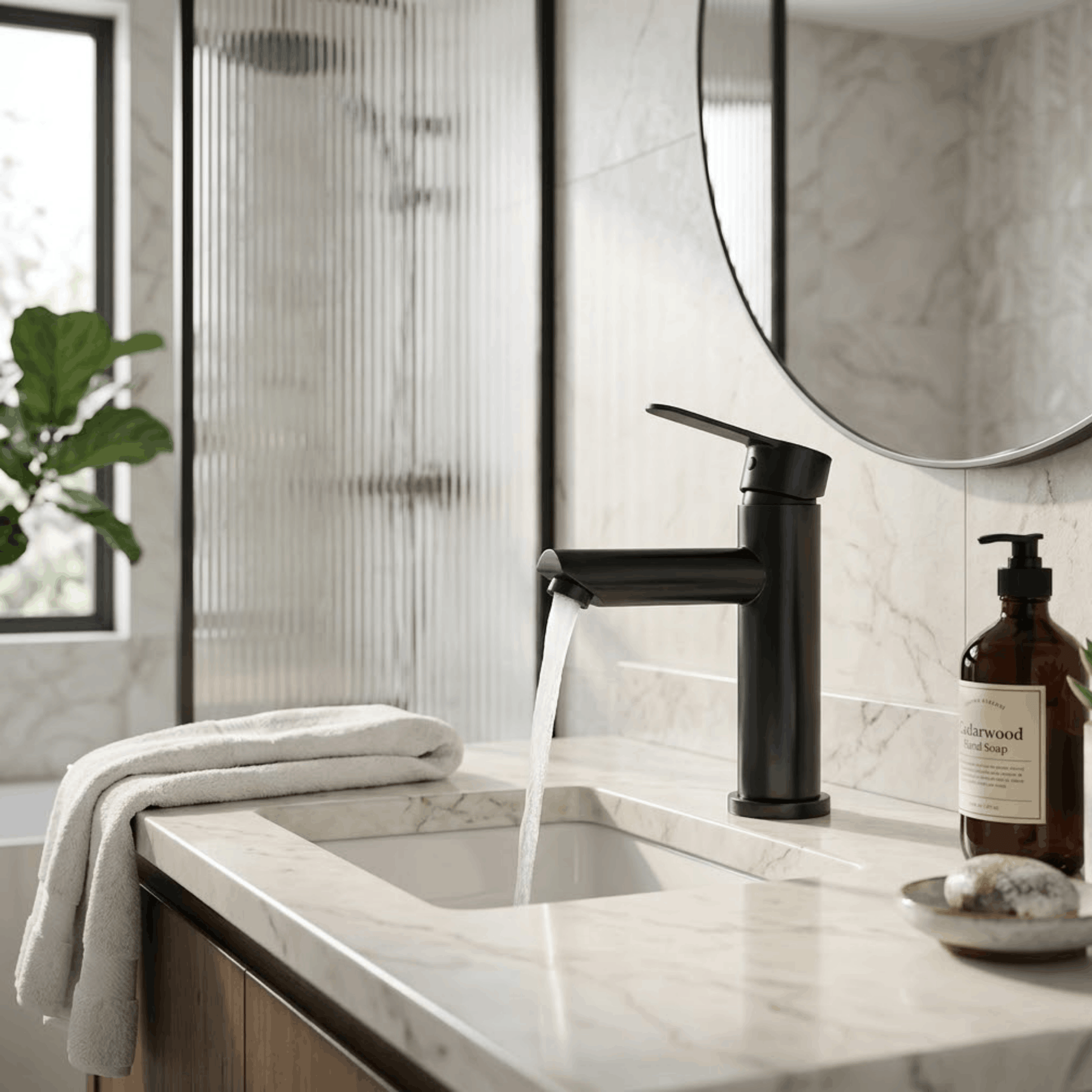 Moderne zwarte badkamerkraan voor warm en koud water, gemonteerd op een marmeren wastafel in een stijlvolle badkamer.