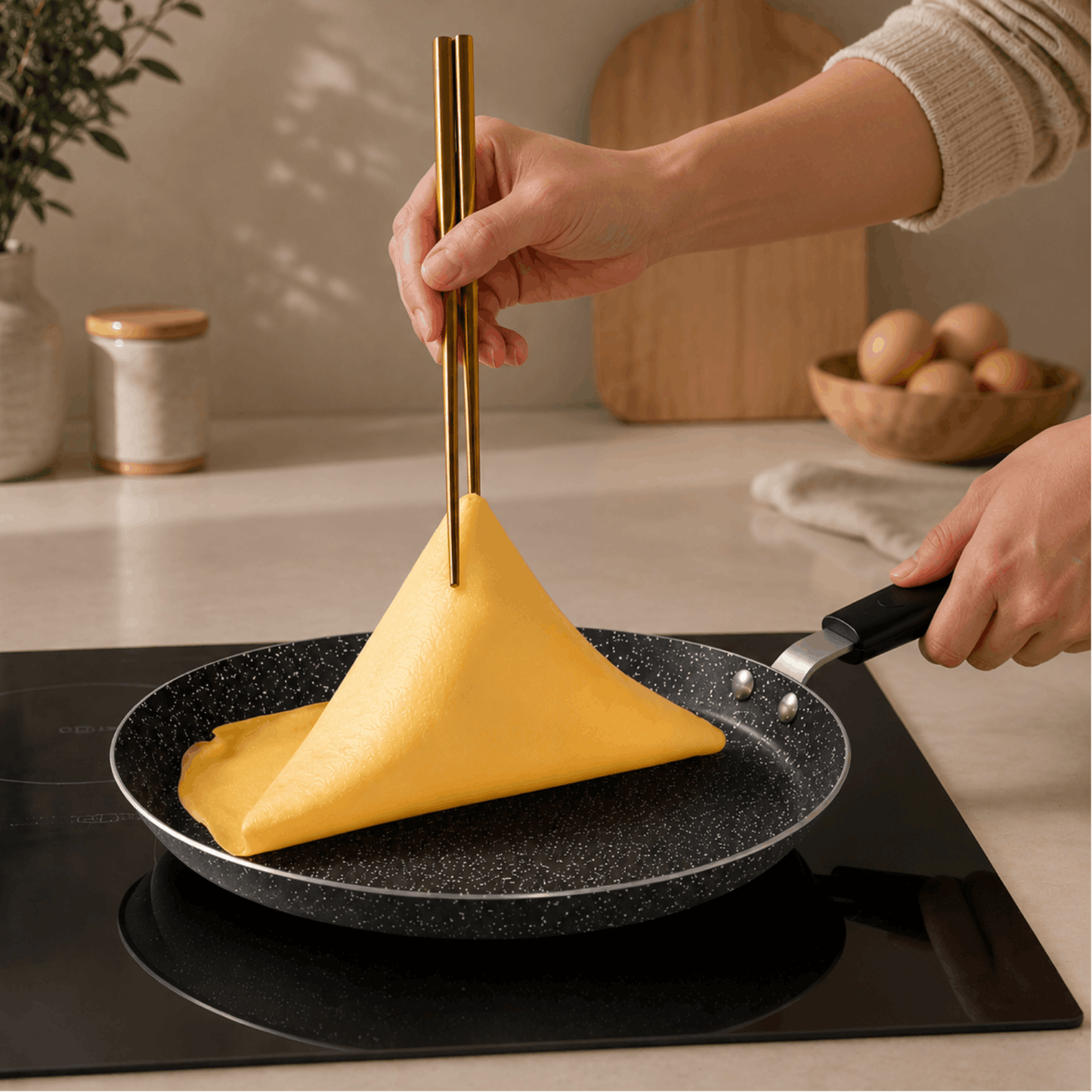 Pannenkoek wordt omgedraaid in een zwarte pannenkoekpan op een inductiekookplaat.