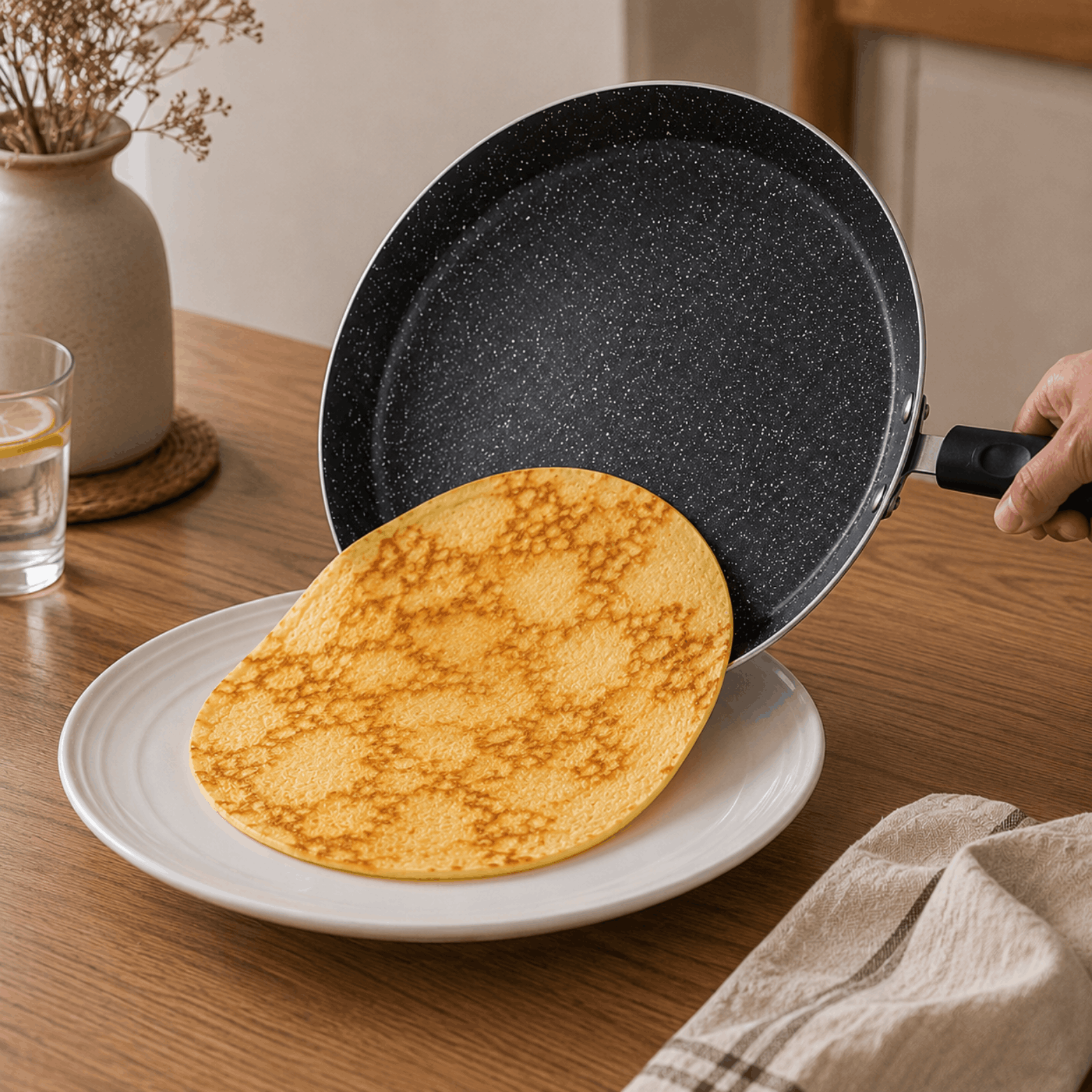 Pannenkoek wordt vanuit een zwarte pannenkoekpan op een wit bord geschoven.