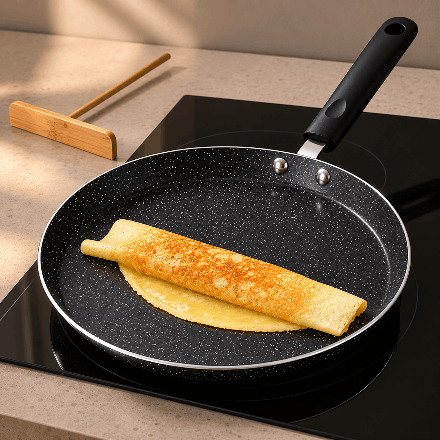 Opgerolde pannenkoek in een zwarte pannenkoekpan op een inductiekookplaat.