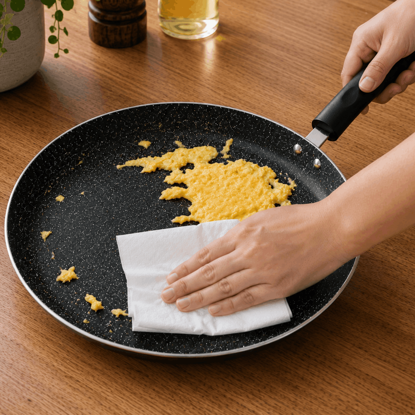 Zwarte pannenkoekpan wordt schoongemaakt met keukenpapier op een houten tafel.