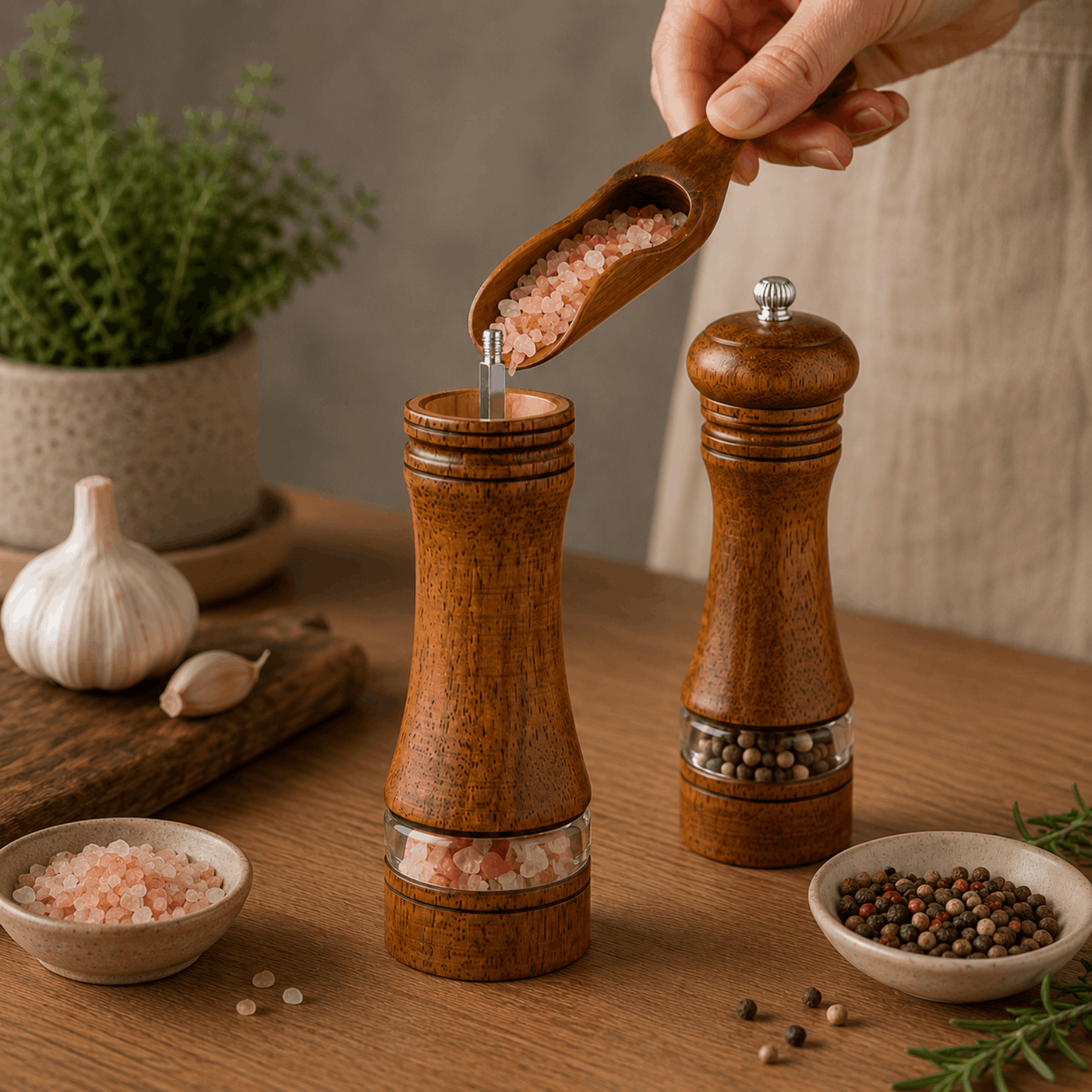 Houten peper en zoutmolen set tijdens het bijvullen met roze zout en peperkorrels op tafel.