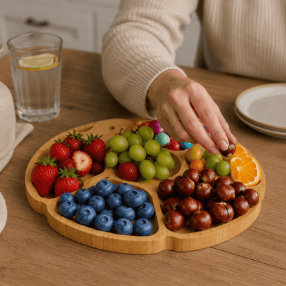 Ronde bamboe borrelplank met vakken gevuld met fruit, kastanjes en kleurrijke snacks.