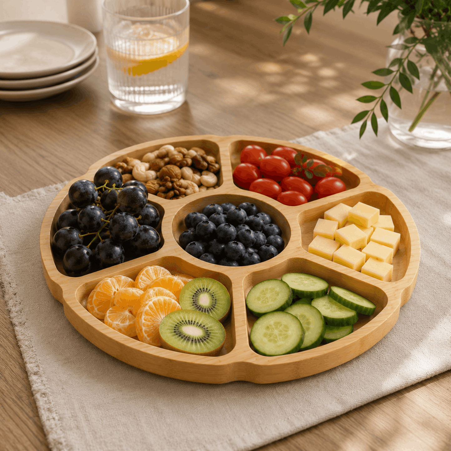Ronde bamboe borrelplank met vakken gevuld met druiven, kaas, groente, fruit en noten.