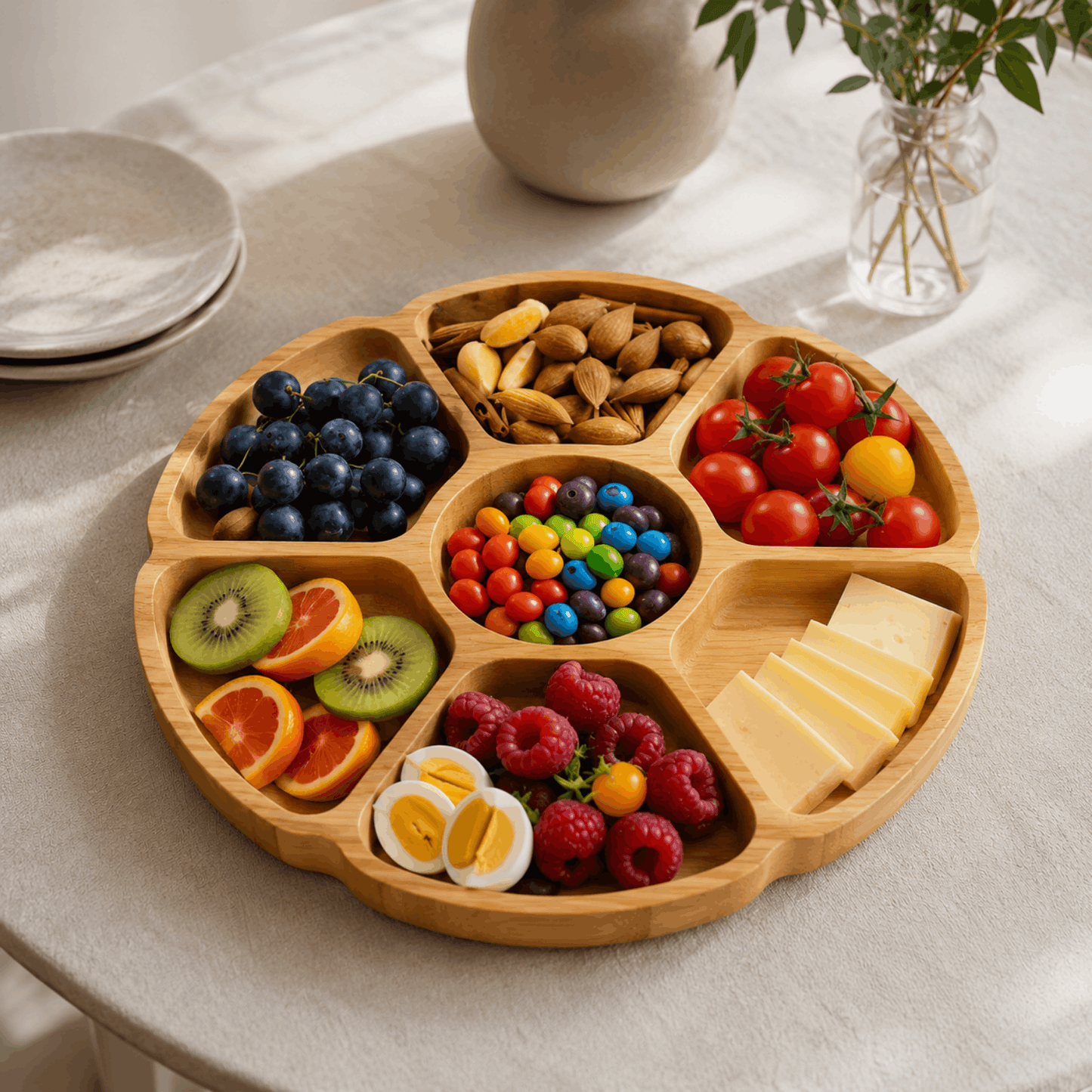 Ronde bamboe borrelplank met vakken gevuld met fruit, kaas, noten en snacks.