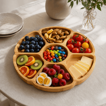 Ronde bamboe borrelplank met vakken gevuld met fruit, kaas, noten en snacks.