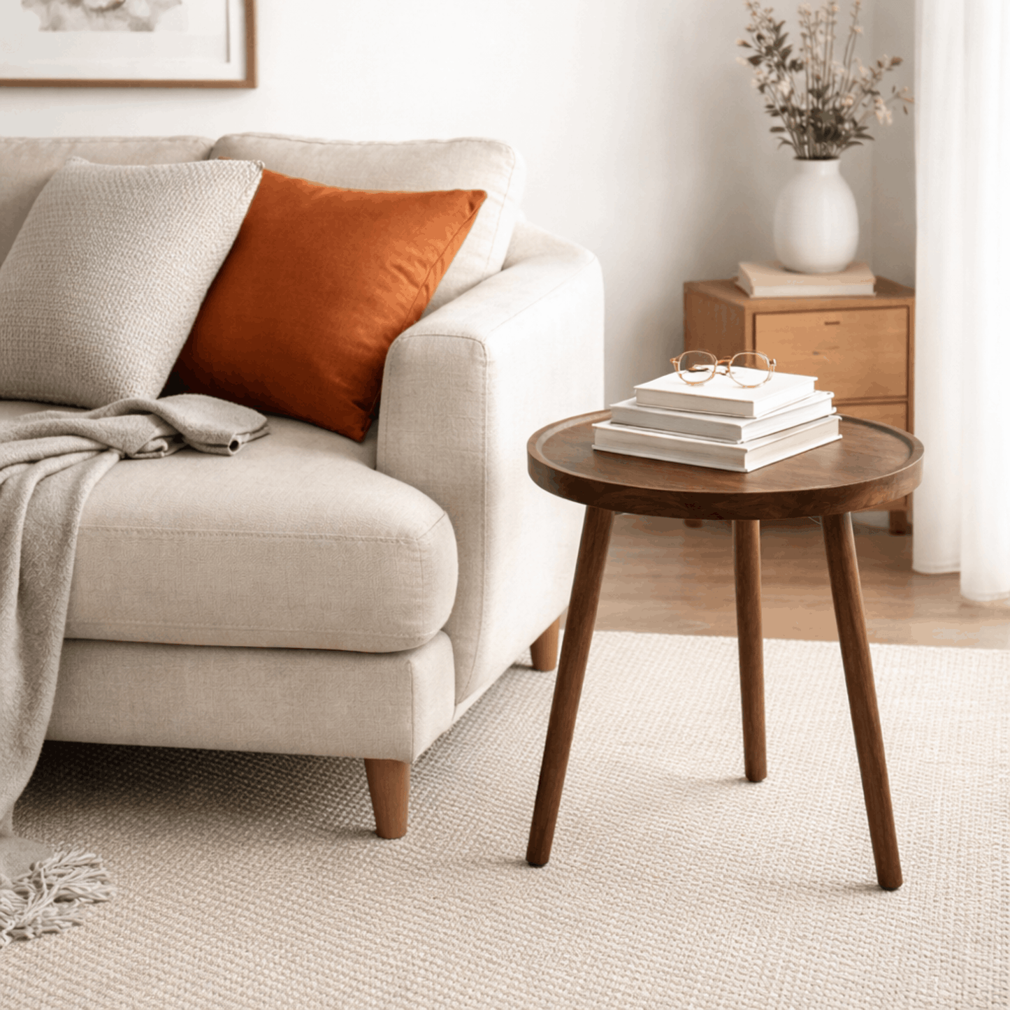 Ronde houten bijzettafel met drie poten naast een beige bank met boeken en decoratie erop.